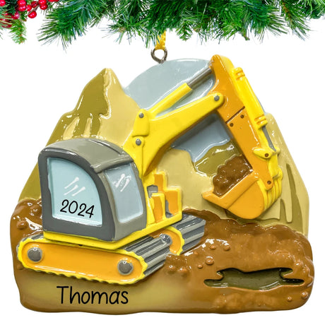 Bring the construction vibe to your tree with a personalized bulldozer excavator Christmas ornament.