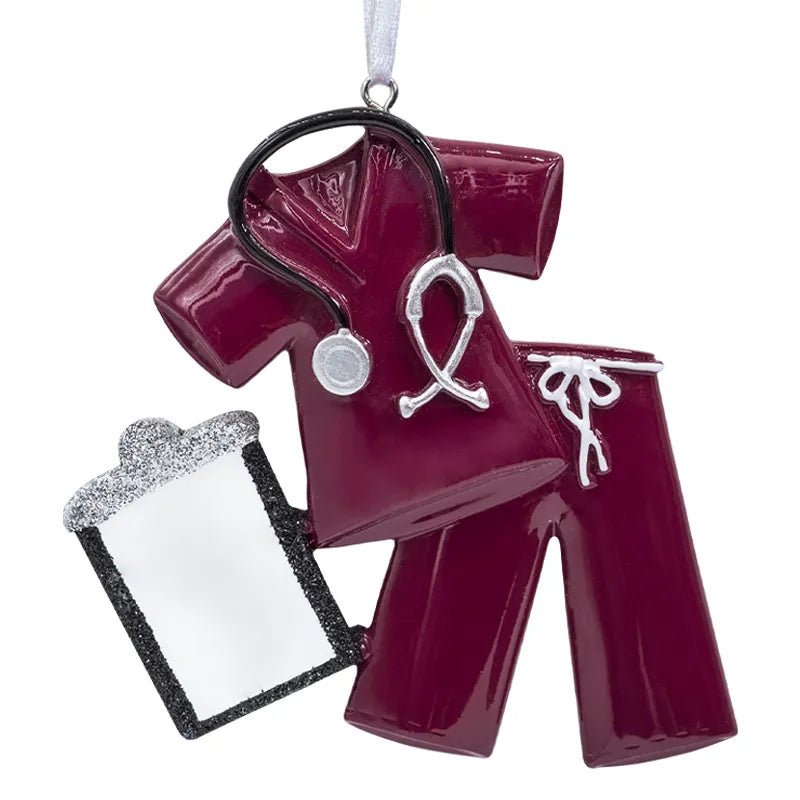 Add a personal touch to your Christmas tree with a personalized burgundy scrubs ornament.