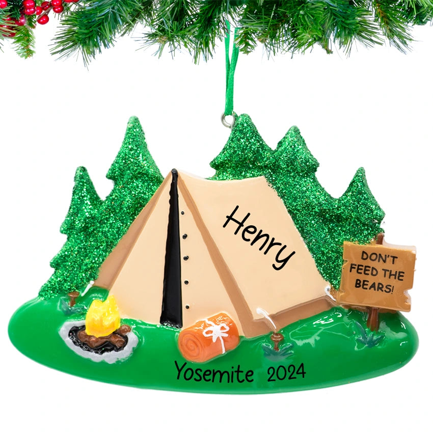 Personalized camping Christmas ornament, a charming keepsake to celebrate outdoor adventures.