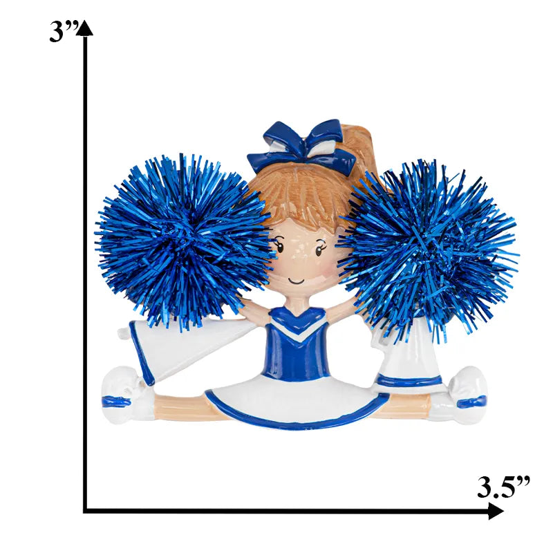 Personalized cheerleader ornament in blue, perfect for cheerleading enthusiasts and unique holiday decorations.