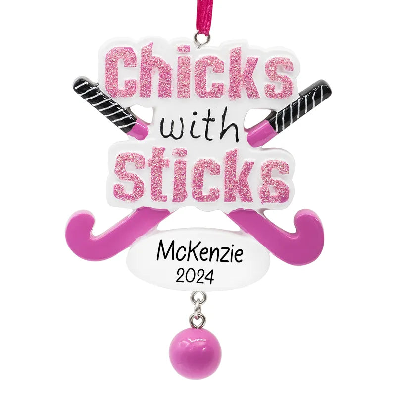 Personalized 'Chicks with Sticks' girls' field hockey Christmas ornament, ideal for celebrating the sport and the holidays.