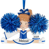 Personalized Christmas ornament featuring a blue cheerleader, ideal for celebrating cheerleading and the holiday season.