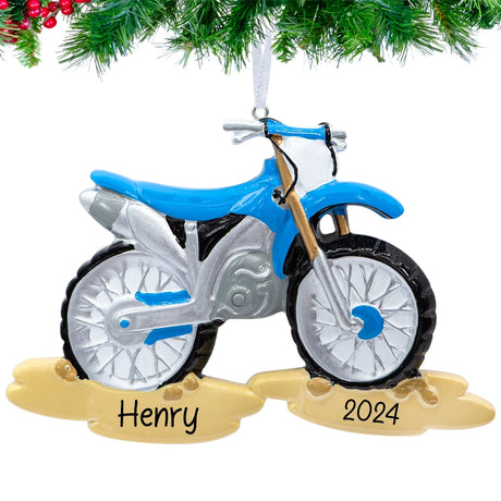 Personalized Christmas ornament featuring a dirt bike design with custom name, perfect for adding a unique touch to your holiday decor for motocross enthusiasts.