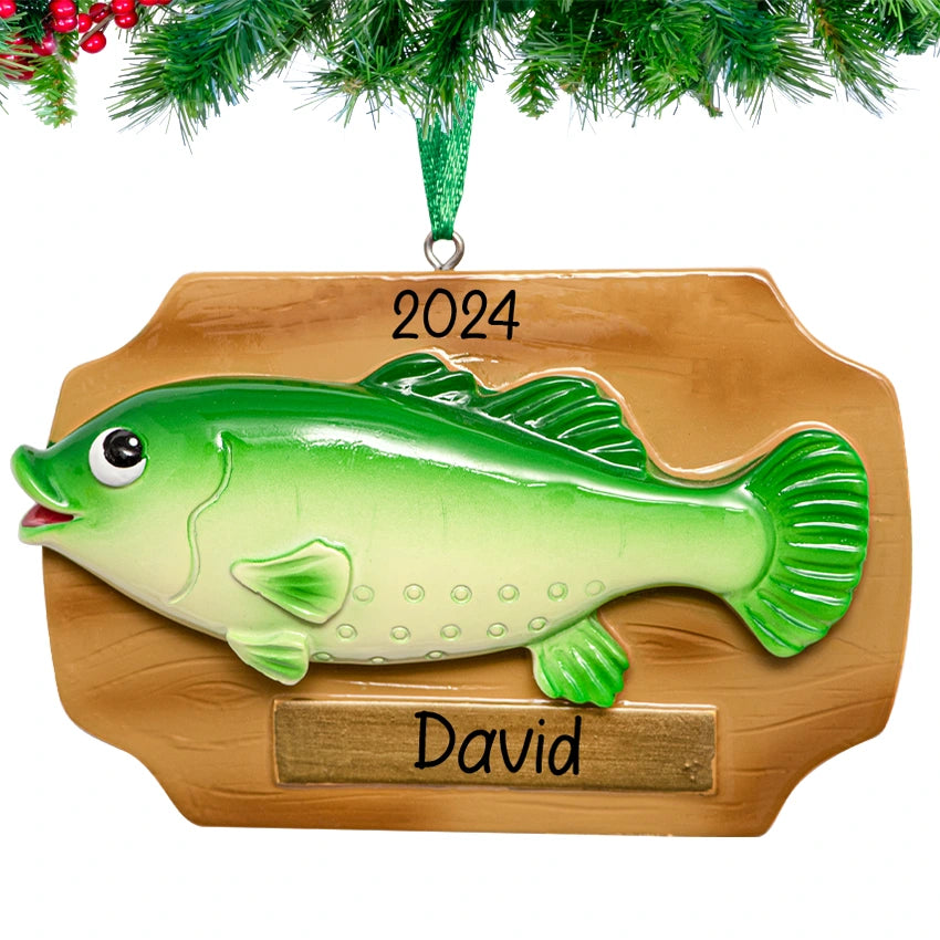 Personalized Christmas ornament fish bass plaque, a unique keepsake celebrating fishing adventures.