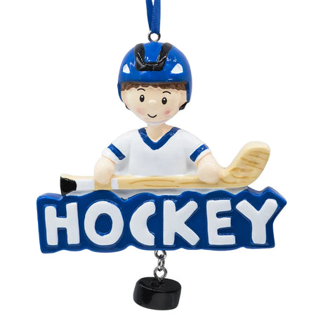 Personalized Christmas ornament depicting a boy playing ice hockey, ideal for adding a custom touch to your festive decorations for young hockey fans.