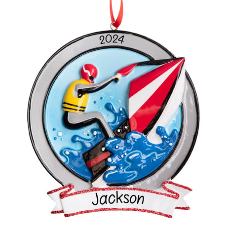 Personalized Christmas ornament jet ski design, ideal for celebrating a love of water sports. Customize with a name or message for a unique holiday keepsake.