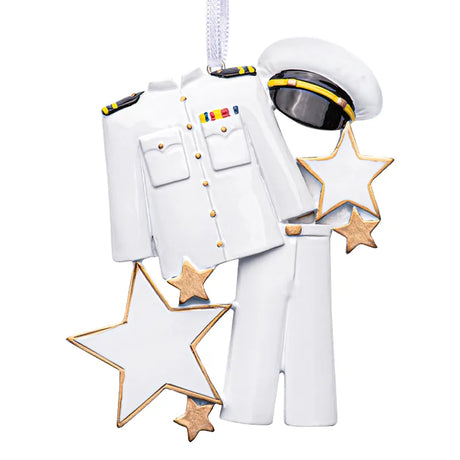 Personalized Christmas ornament navy uniform design, perfect for celebrating and honoring Navy service. Customizable with a name or rank for a meaningful holiday memento.