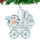 Personalized Christmas ornaments featuring a baby boy carriage, a unique keepsake for his Christmas.