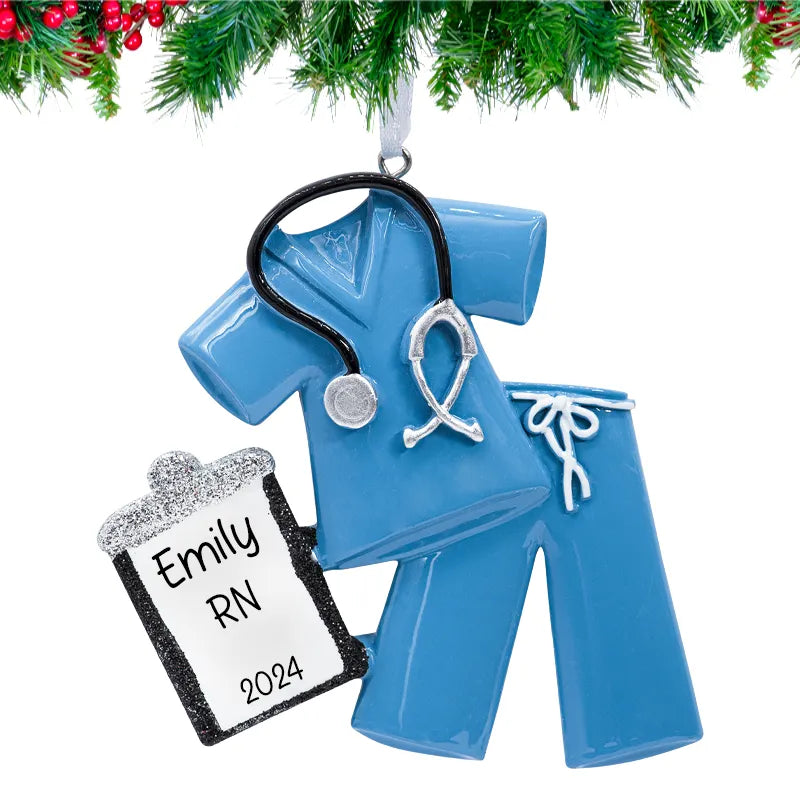 Enhance your holiday spirit with personalized blue scrubs Christmas ornaments, ideal for healthcare professionals.