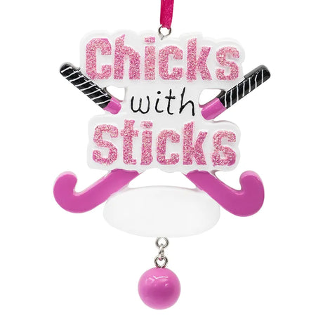 Personalized Christmas ornaments featuring 'Chicks with Sticks' girls' field hockey theme, perfect for celebrating the sport during the holidays.