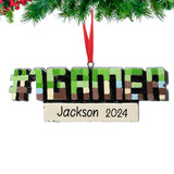 Personalized Christmas ornaments for gamers with custom names and gaming motifs, a perfect holiday decoration for video game enthusiasts.