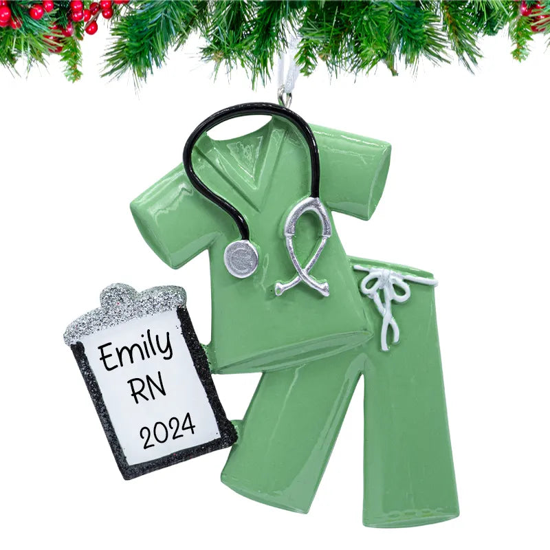 Enhance your holiday cheer with personalized green scrubs Christmas ornaments, perfect for healthcare professionals.