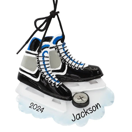 Personalized Christmas ornament featuring ice hockey skates. Customize this festive decoration with unique details for a special holiday touch.