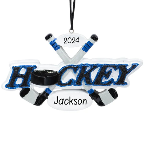 Personalized Christmas ornaments featuring an ice hockey theme, ideal for sports enthusiasts and holiday decorations.