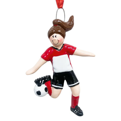 Personalized Christmas ornament featuring a girl soccer player. Personalize with unique details for a special holiday gift.