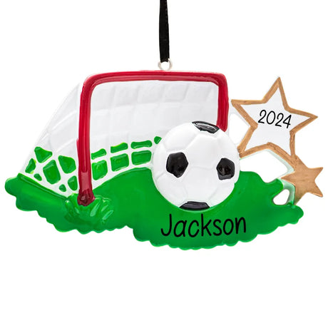 Personalized soccer Christmas ornaments for sports fans. Customize with unique details for a festive touch.