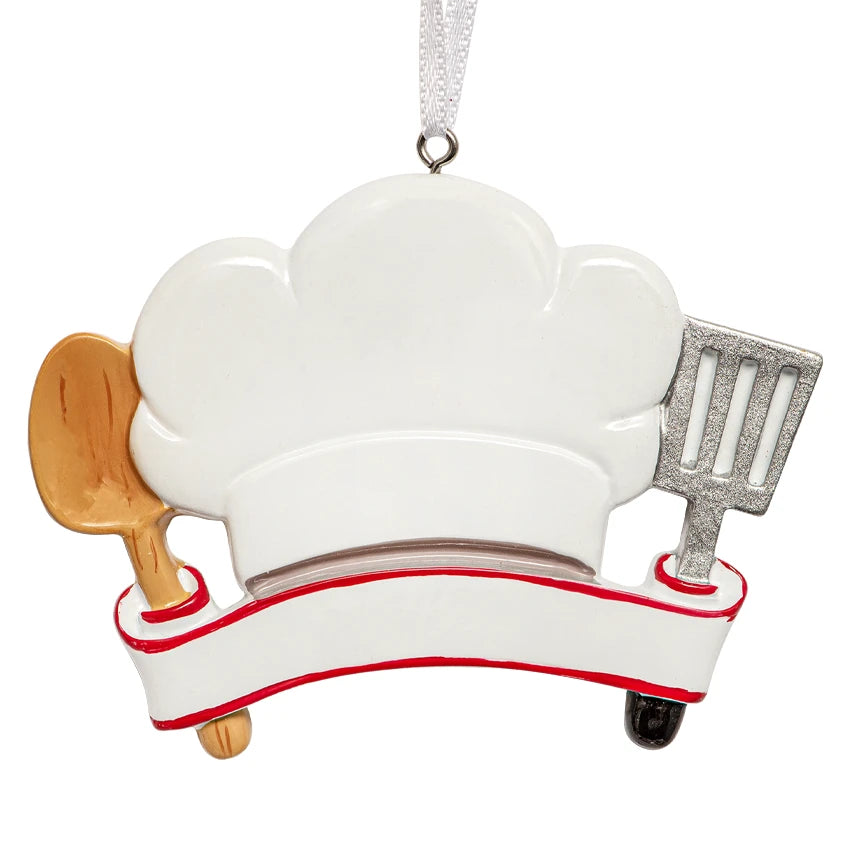 Personalized cooking ornament featuring a chef hat design with custom text, perfect for adding a culinary touch to your holiday decor.