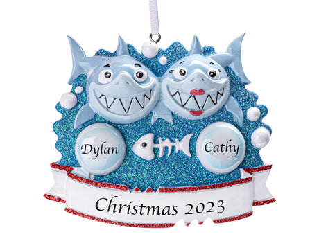 Personalized couple ornaments featuring a fun shark design, perfect for adding a playful touch.