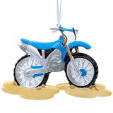 Personalized dirt bike ornament featuring custom text, ideal for dirt biking fans and a unique addition to holiday decorations.