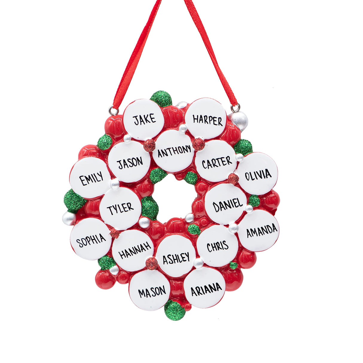 Celebrate togetherness with personalized family ornaments featuring sixteen names. Shop Gift Shopie today.