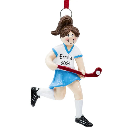 Customize your holiday decor with a personalized field hockey girl ornament, perfect for sports enthusiasts.