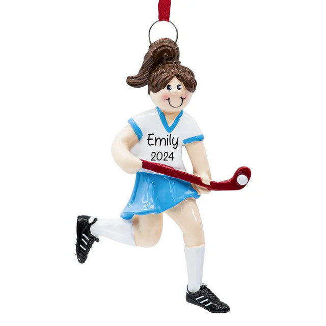 Customize your holiday decor with a personalized field hockey girl ornament, perfect for sports enthusiasts.