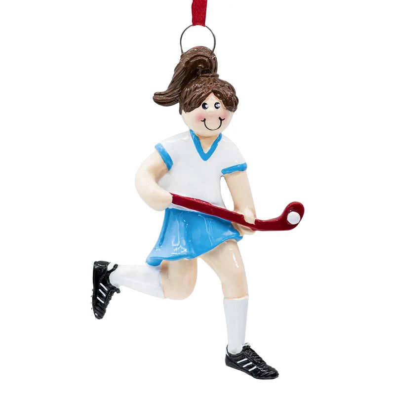 Enhance your holiday decor with personalized field hockey girl ornaments, perfect for sports enthusiasts.