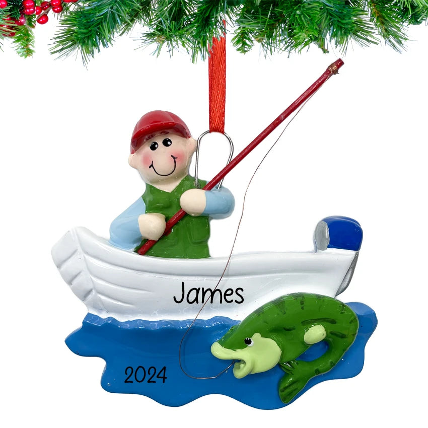 Personalized fisherman Christmas ornament with custom details, ideal for adding a personal touch to your holiday decor for fishing enthusiasts.