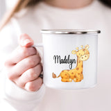 Personalized giraffe hot cocoa kids mug, a whimsical and fun drinkware that makes warm beverages.