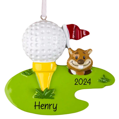 Personalized golf squirrel Christmas ornament with custom name, a playful and unique addition to your holiday tree for golf lovers.