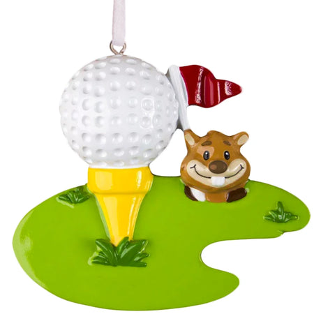 Personalized golf squirrel ornament with custom details, ideal for golf enthusiasts and a fun touch to holiday decor.