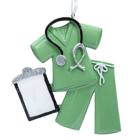 Customize your holiday decor with a personalized green scrubs ornament, perfect for healthcare professionals.