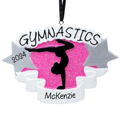 Personalized gymnastic Christmas ornament with custom name, perfect for celebrating young gymnasts during the holiday season.