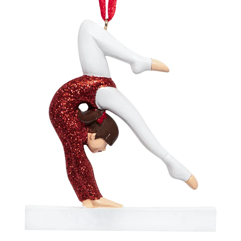 Personalized gymnastic ornaments featuring personalized names and athletic designs, perfect for gymnasts and holiday decor.