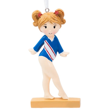 Personalized gymnastics ornaments featuring a gymnast girl in a blue leotard, perfect for showcasing athleticism and personalized gifting.