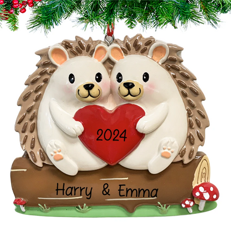 Celebrate your first Christmas together with a personalized hedgehog couple ornament.