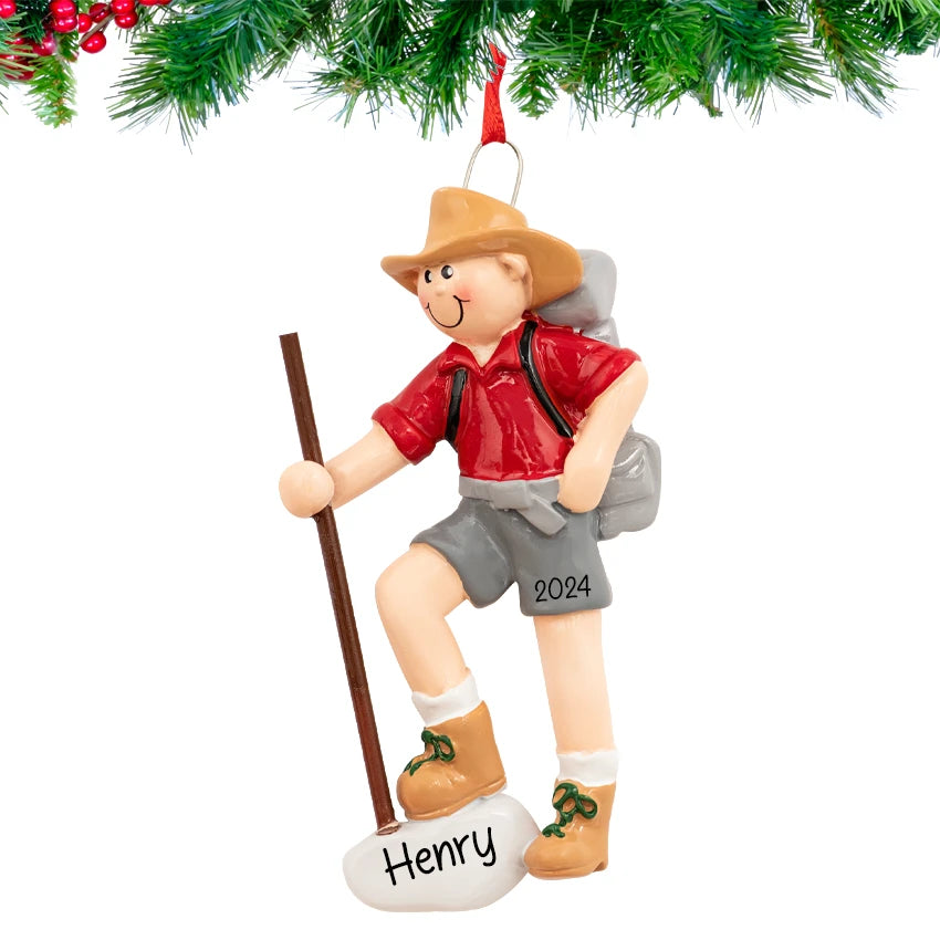 Enhance your holiday decor with a personalized hiking boy Christmas ornament, featuring custom outdoor designs perfect for nature-loving adventurers.