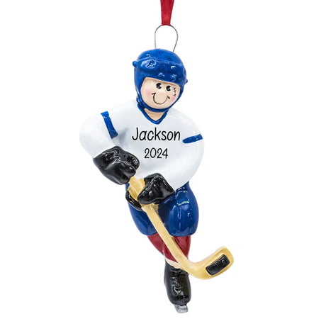 Personalize your holiday decor with a custom hockey player boy ornament, ideal for sports enthusiasts.