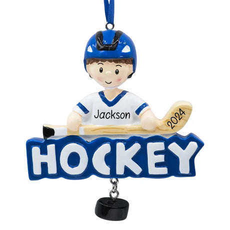 Personalized Christmas ornament depicting a boy playing ice hockey, ideal for adding a custom touch to your festive decorations for young hockey fans.