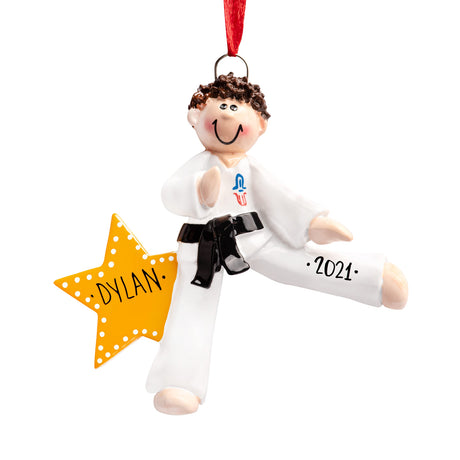 Kick up the holiday spirit with a personalized karate boy Christmas ornament from Gift Shopie.