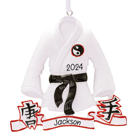 Enhance your decorations with our Personalized Karate Jacket Christmas Ornament. Perfect for martial arts enthusiasts.