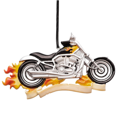 Personalized motorcycle Christmas ornament featuring custom text, perfect for adding a festive and personal touch to your holiday tree.