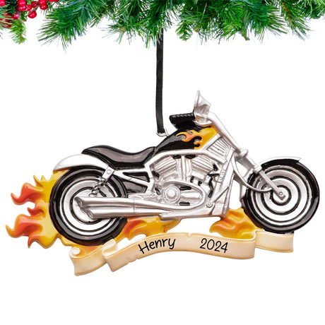 Personalized motorcycle ornament with custom name and year, a unique holiday decoration for motorcycle enthusiasts.