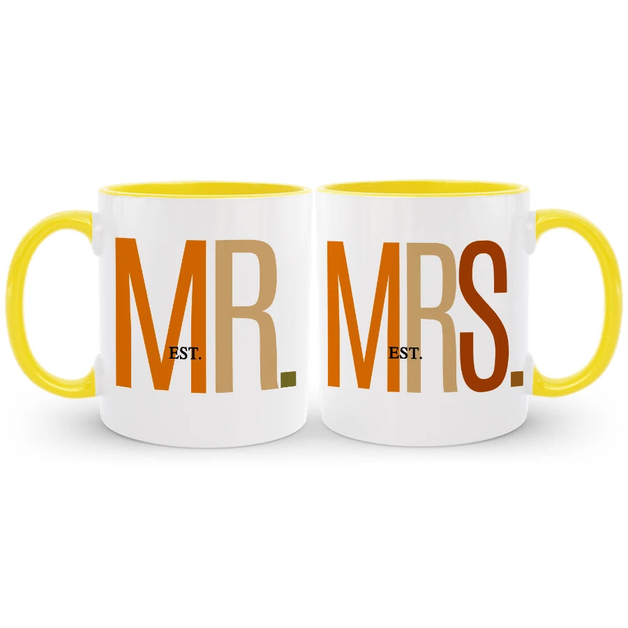 Personalized Mr. and Mrs. matching mugs, a lovely gift for couples.