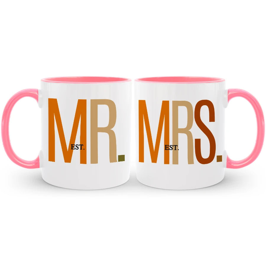 Personalized Mrs. and Mr. matching mugs, a charming gift for couples to savor their beverages.