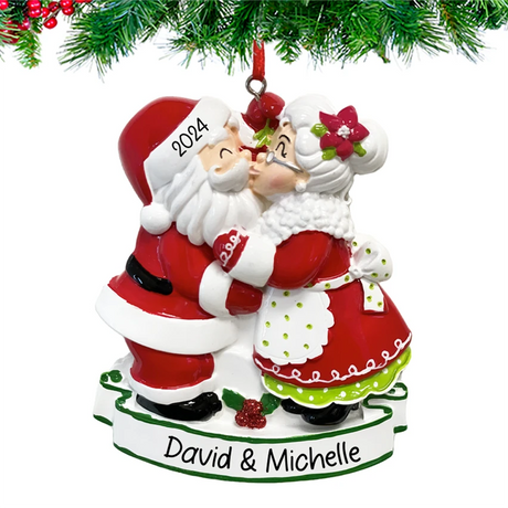 Celebrate your first holiday with a personalized kissing Santa couple ornament from Gift Shopie.