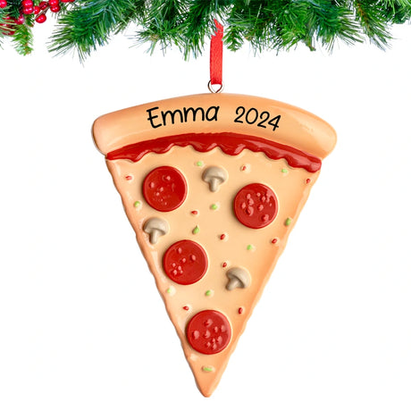 Personalized pizza slice Christmas ornament, a fun keepsake for pizza enthusiasts.