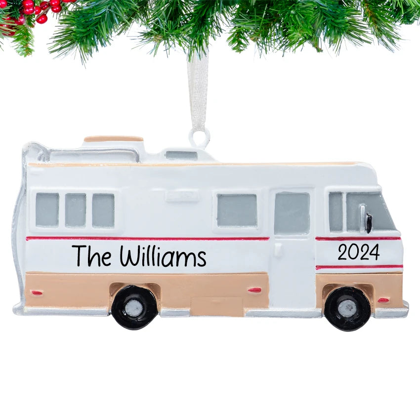 Personalized RV ornament for Christmas with custom name and year, a special holiday decoration for travel enthusiasts.