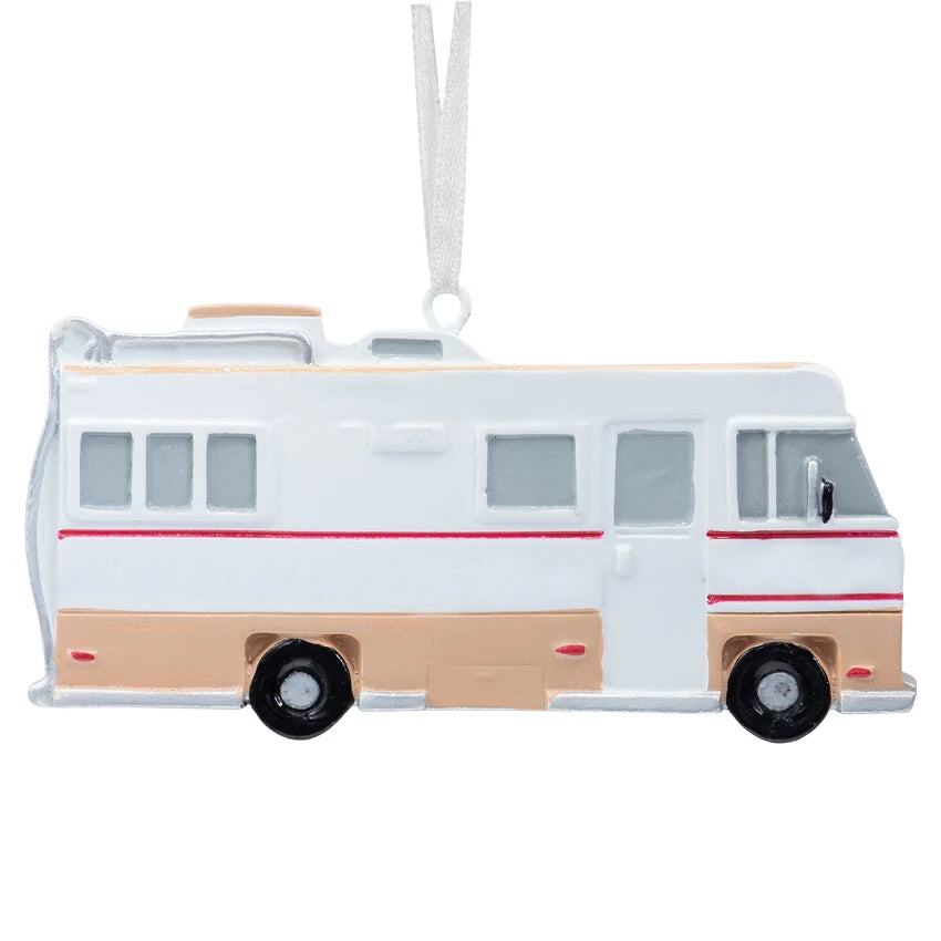 Personalized RV ornament featuring custom text, ideal for commemorating road trips and adding a unique touch to holiday decor.