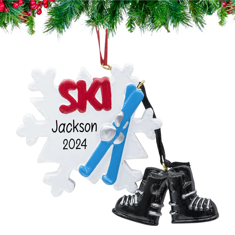 Personalized skiing Christmas ornament with a dynamic design, customizable with a name or message. Perfect for ski lovers and winter sports enthusiasts during the holidays.